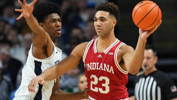 Indiana Hoosiers forward Trayce Jackson-Davis (23) passes the ball as Penn State Nittany Lions forward Kebba Njie (3) defends during the first half at the Bryce Jordan Center.